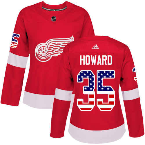 Adidas Red Wings #35 Jimmy Howard Red Home Authentic USA Flag Women's Stitched NHL Jersey